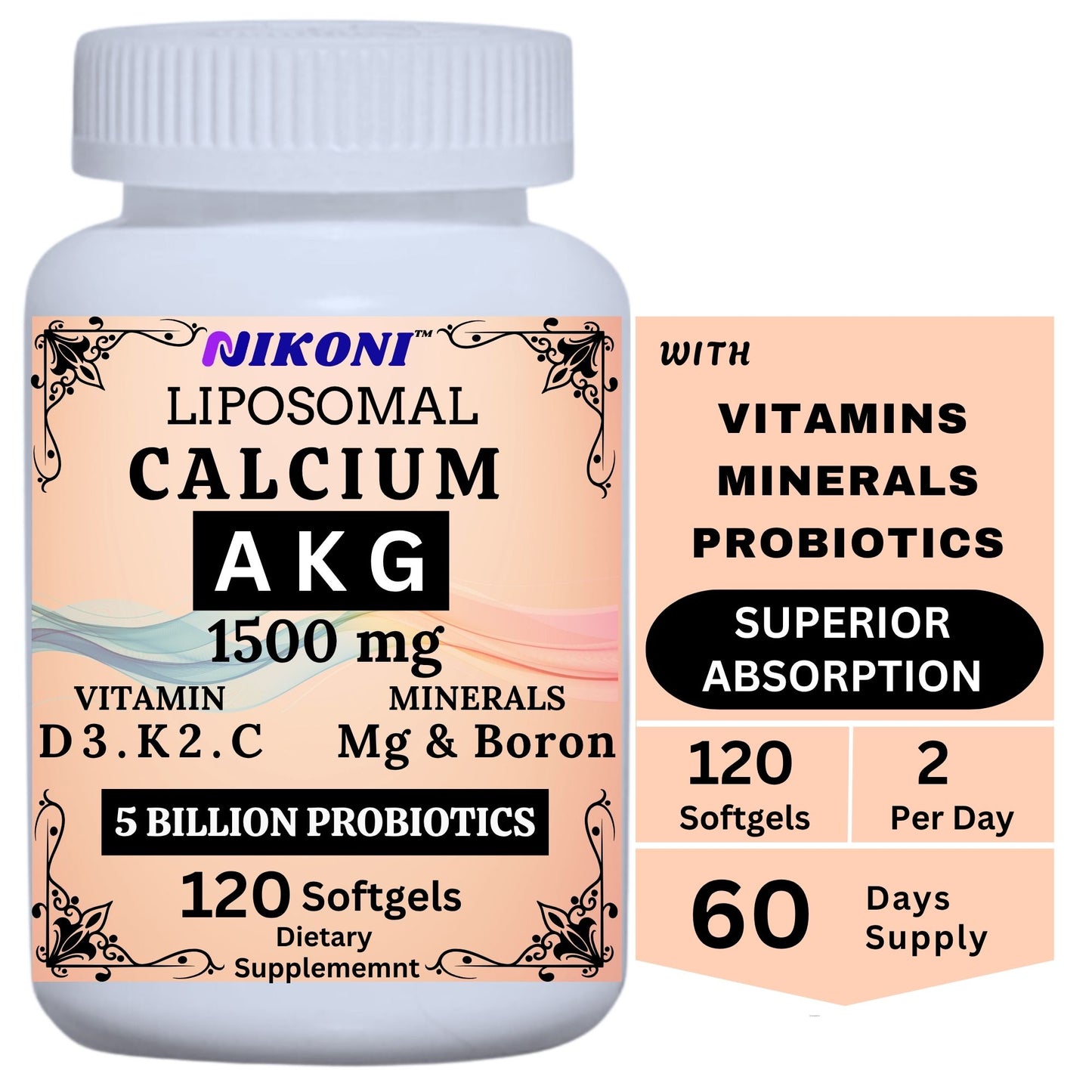 Liposomal Calcium AKG 1500mg, Vitamin C, D3, K2, Mg+ & Probiotics Soft gels