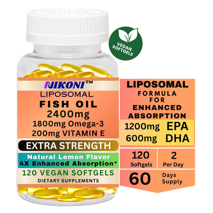 Nikoni Liposomal Lemon Flavored Fish Oil 2400 mg with 200 mg of Vitamin E  Vegan Softgels