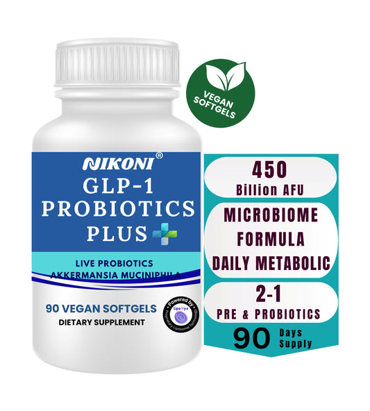 Nikoni GLP-1 Probiotics Plus 450Billion CFU with Prebiotics, Supports Metabolism & GLP-1 Pathways, 90 Vegan Softgels, 1 Softgel Daily.