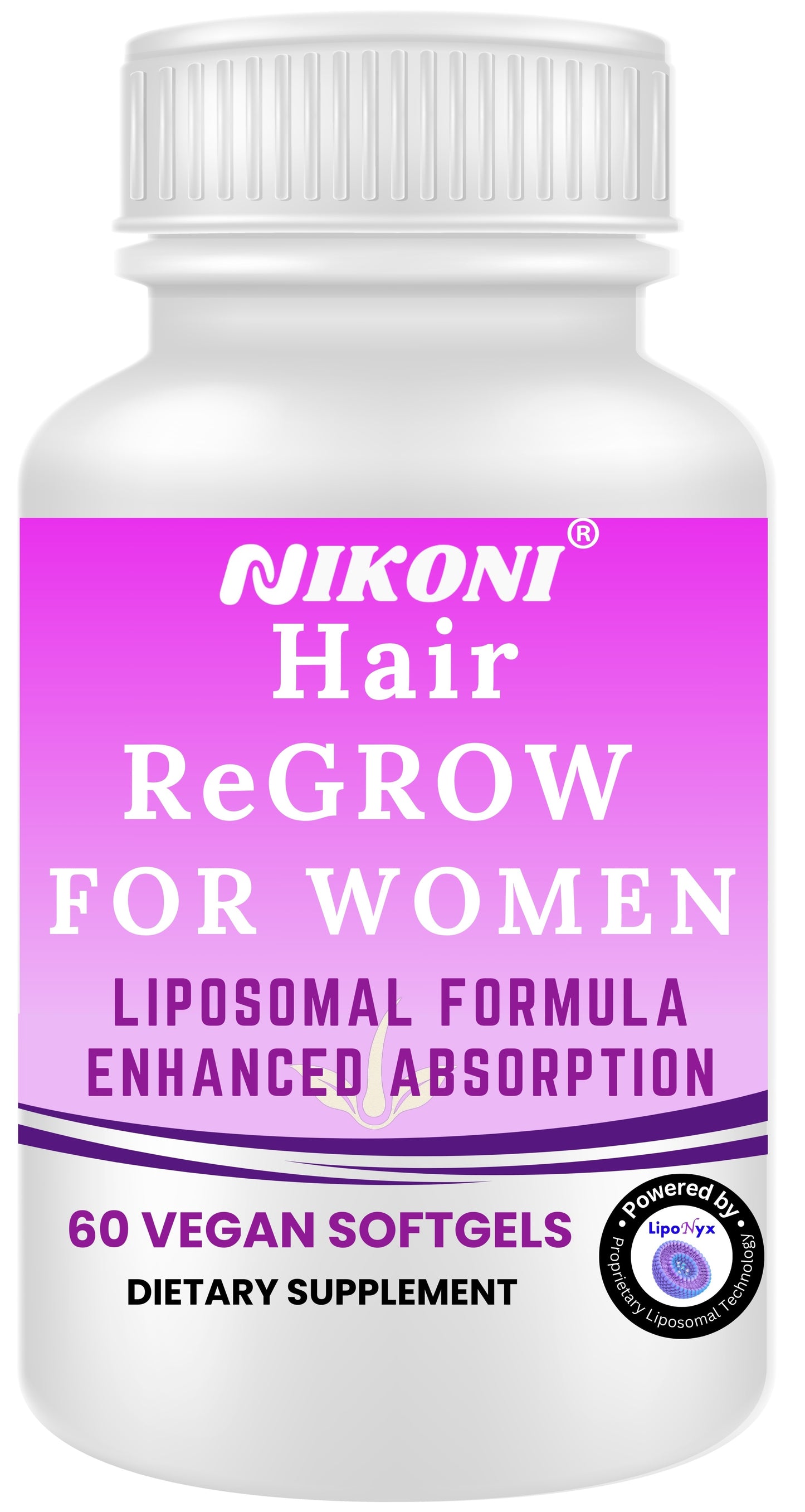 Nikoni Hair ReGROW Women's Liposomal Formula, Biotin, Keratin, Saw Palmetto and Botanical Essentials, Vegan, Gluten-Free, 60 Softgels