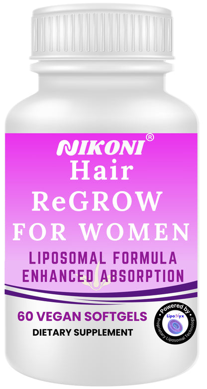 Nikoni Hair ReGROW Women's Liposomal Formula, Biotin, Keratin, Saw Palmetto and Botanical Essentials, Vegan, Gluten-Free, 60 Softgels