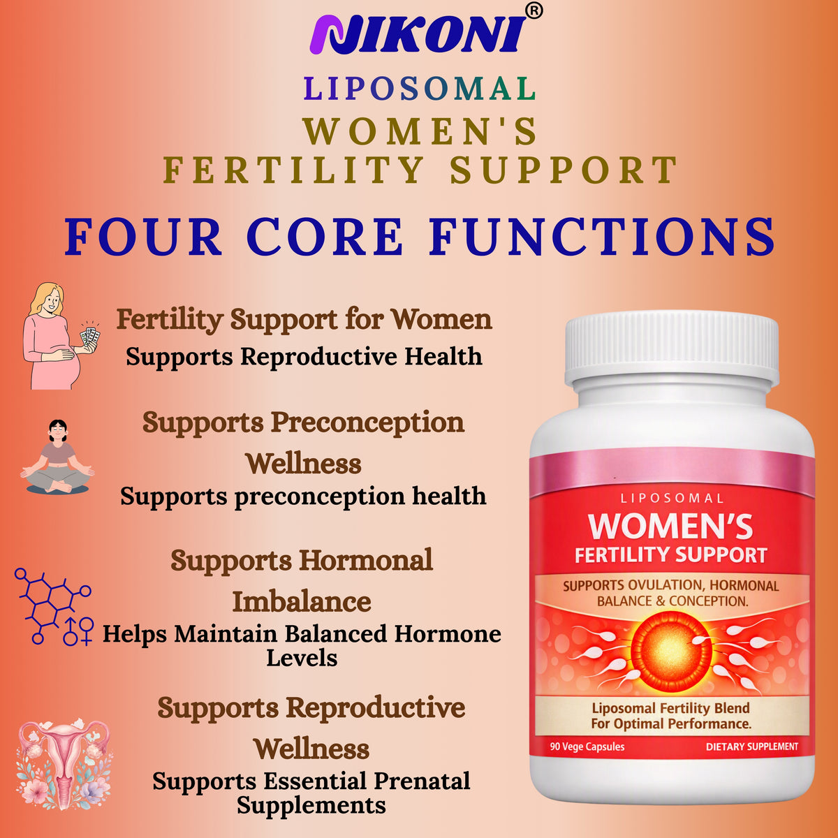 Nikoni Liposomal Female Fertility Support, Reproductive Wellness & Hormonal Balance, Liposomal Delivery, 90 Vegan Softgels