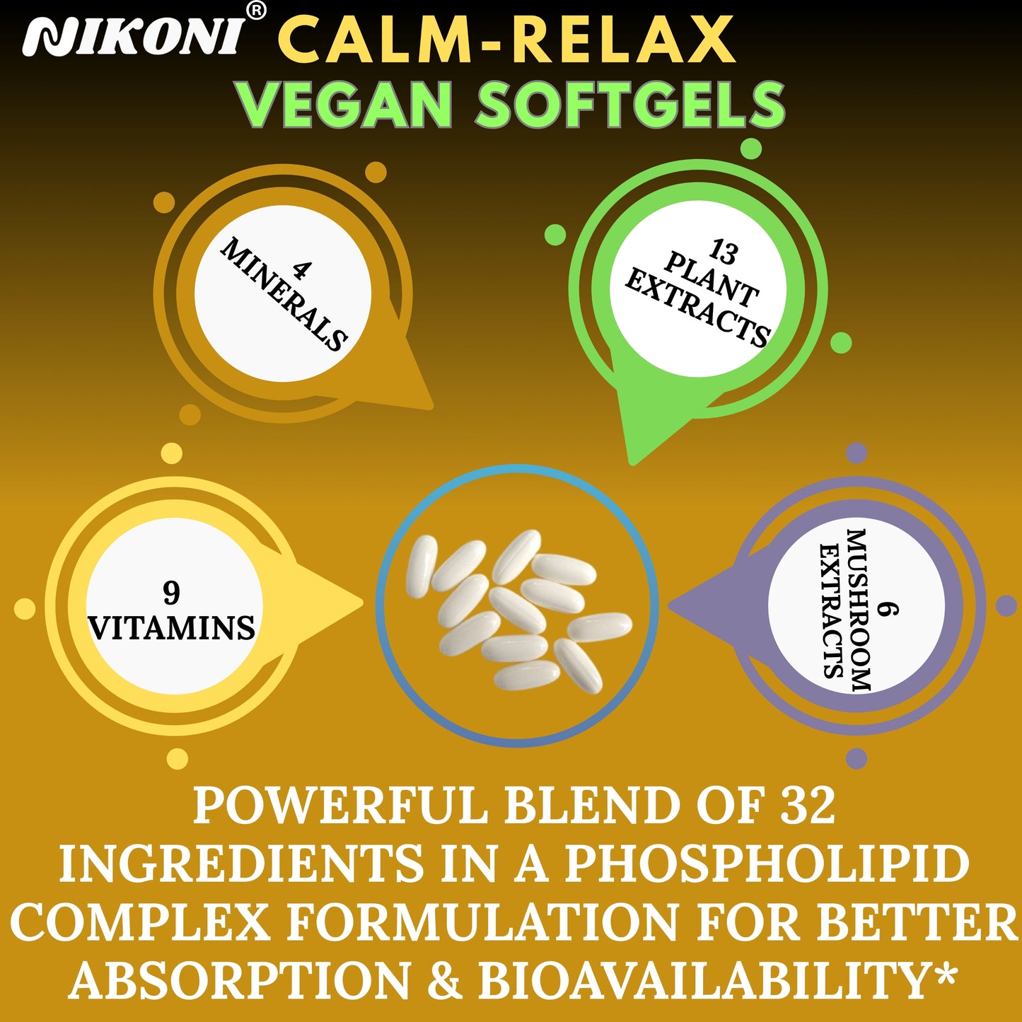 Nikoni® Calm Relax Phospholipid Complex | Enhanced Absorption Formula | 60 Vegan Softgels