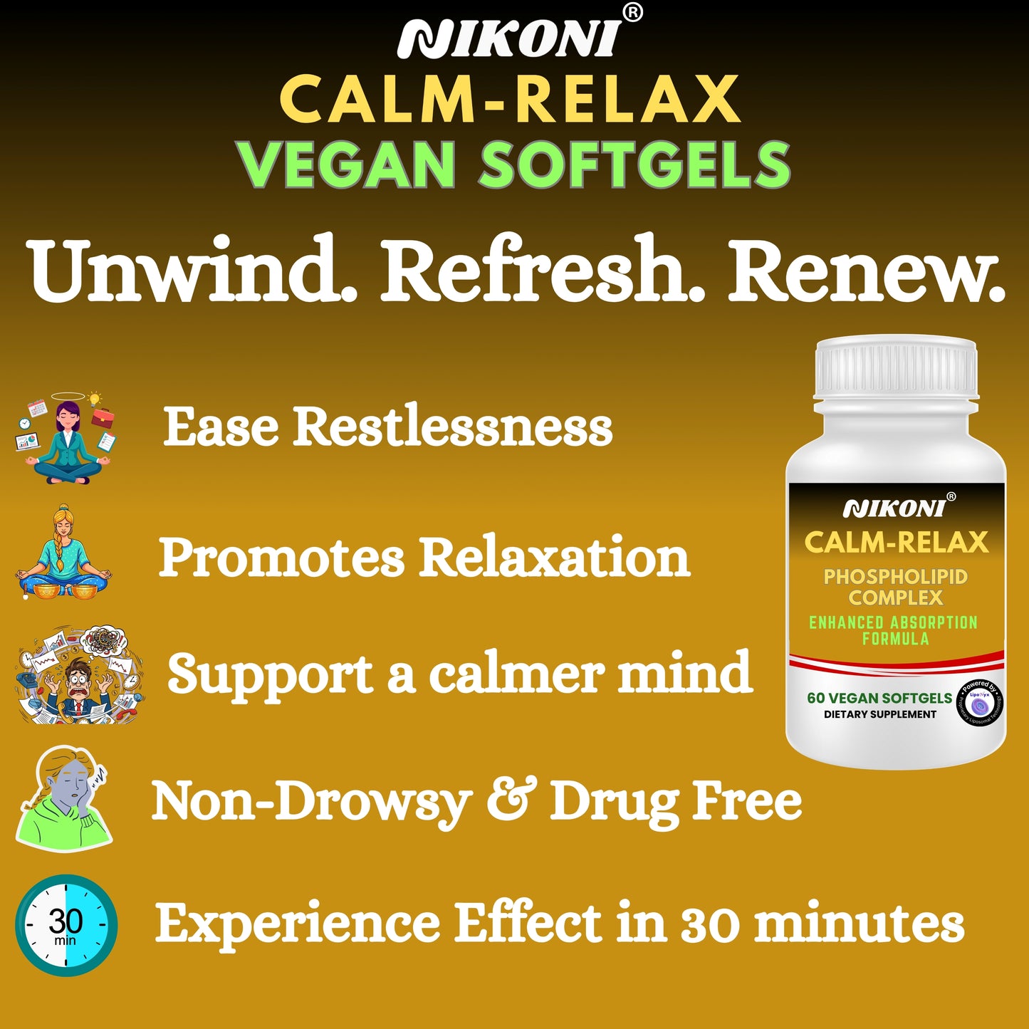 Nikoni® Calm Relax Phospholipid Complex | Enhanced Absorption Formula | 60 Vegan Softgels