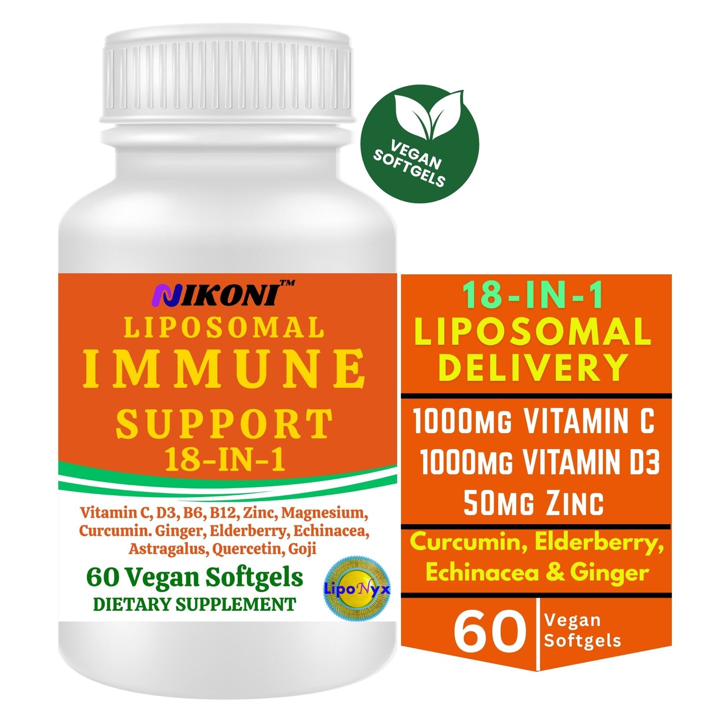 Nikoni Vegan Liposomal Immune Support Softgels – 18-in-1 Formula with Vitamin C, Zinc, Vitamin D3, Echinacea, Elderberry & Curcumin Vegan Softgels