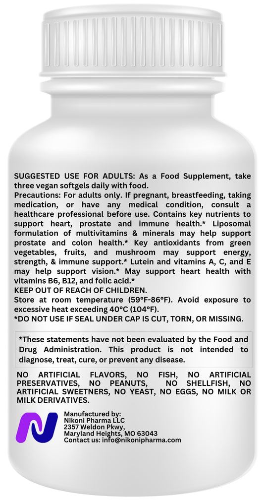 Nikoni Men's 50+ Liposomal Multivitamin and Mineral Vegan Softgels for Enhanced Absorption 90 Count