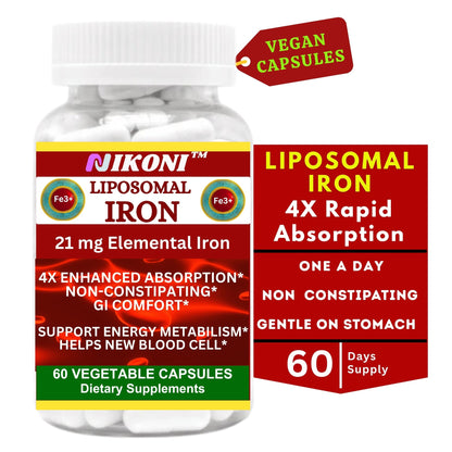 Nikoni Liposomal Iron 21 mg Capsules Promotes Red Blood Cells.