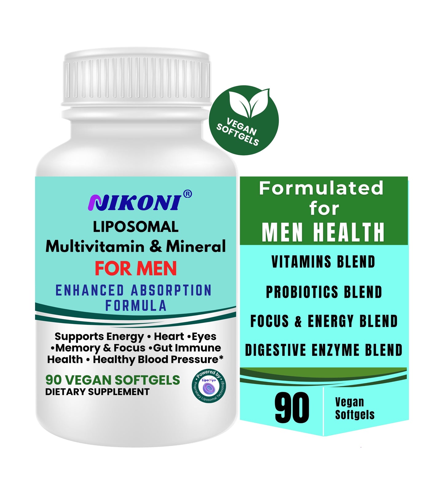 Nikoni Liposomal Multivitamin & Mineral for Men – Vegan Softgels – Enhanced Absorption – 90 Count