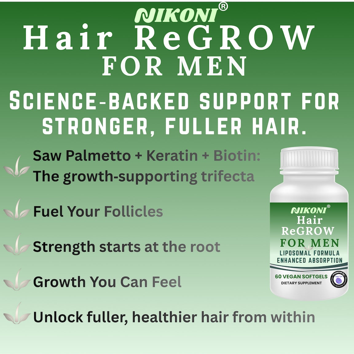 Nikoni Hair ReGROW for Men, Liposomal Hair Support Liposomal Formula with Biotin, Keratin, Saw Palmetto & Essential Nutrients-60 Vegan Softgels