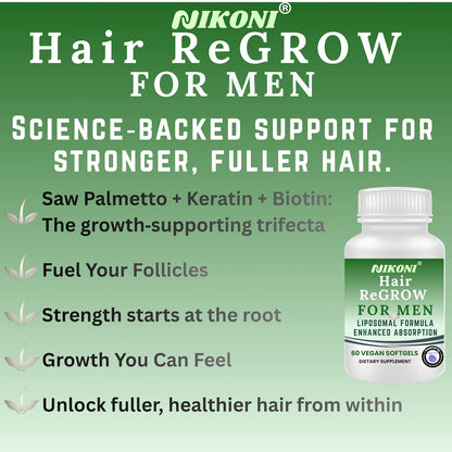 Nikoni Hair ReGROW for Men, Liposomal Hair Support Liposomal Formula with Biotin, Keratin, Saw Palmetto & Essential Nutrients-60 Vegan Softgels