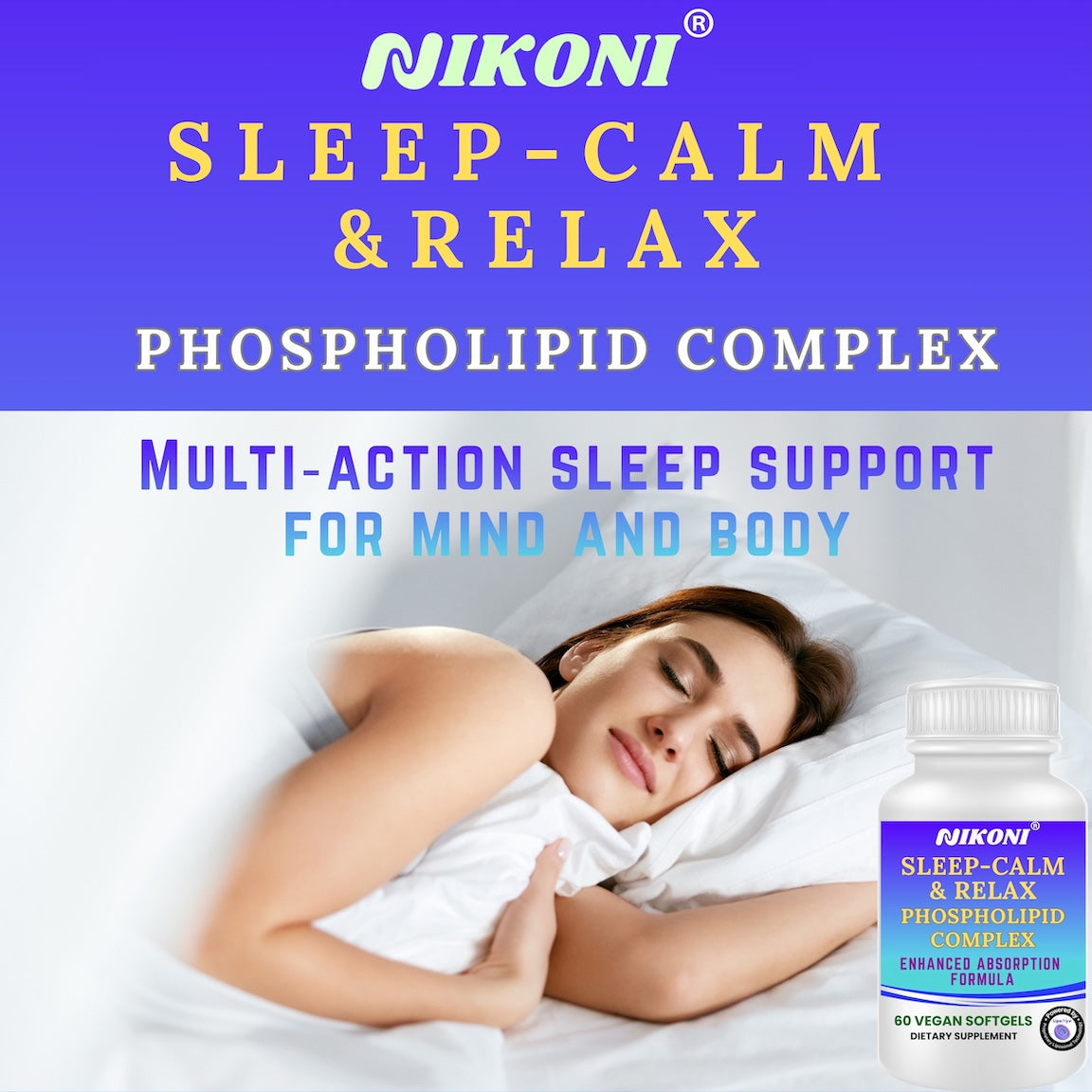 Nikoni Sleep‑Calm‑Relax – Phospholipid Complex with Melatonin, L‑Theanine, 5‑HTP & Herbal Extracts-60 Vegan Softgels