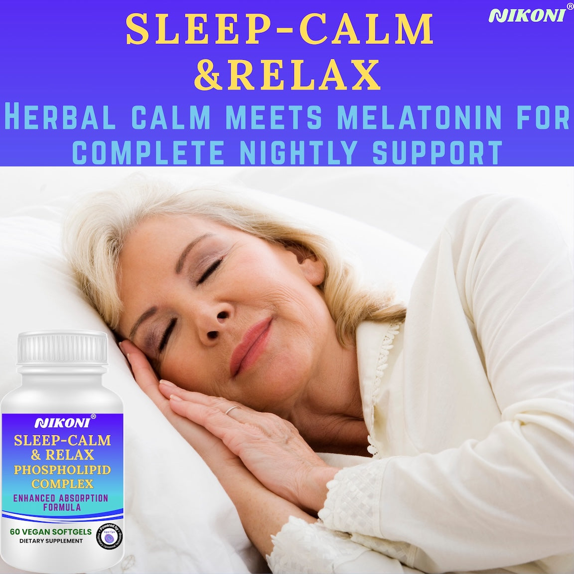 Nikoni Sleep‑Calm‑Relax – Phospholipid Complex with Melatonin, L‑Theanine, 5‑HTP & Herbal Extracts-60 Vegan Softgels