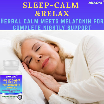 Nikoni Sleep‑Calm‑Relax – Phospholipid Complex with Melatonin, L‑Theanine, 5‑HTP & Herbal Extracts-60 Vegan Softgels