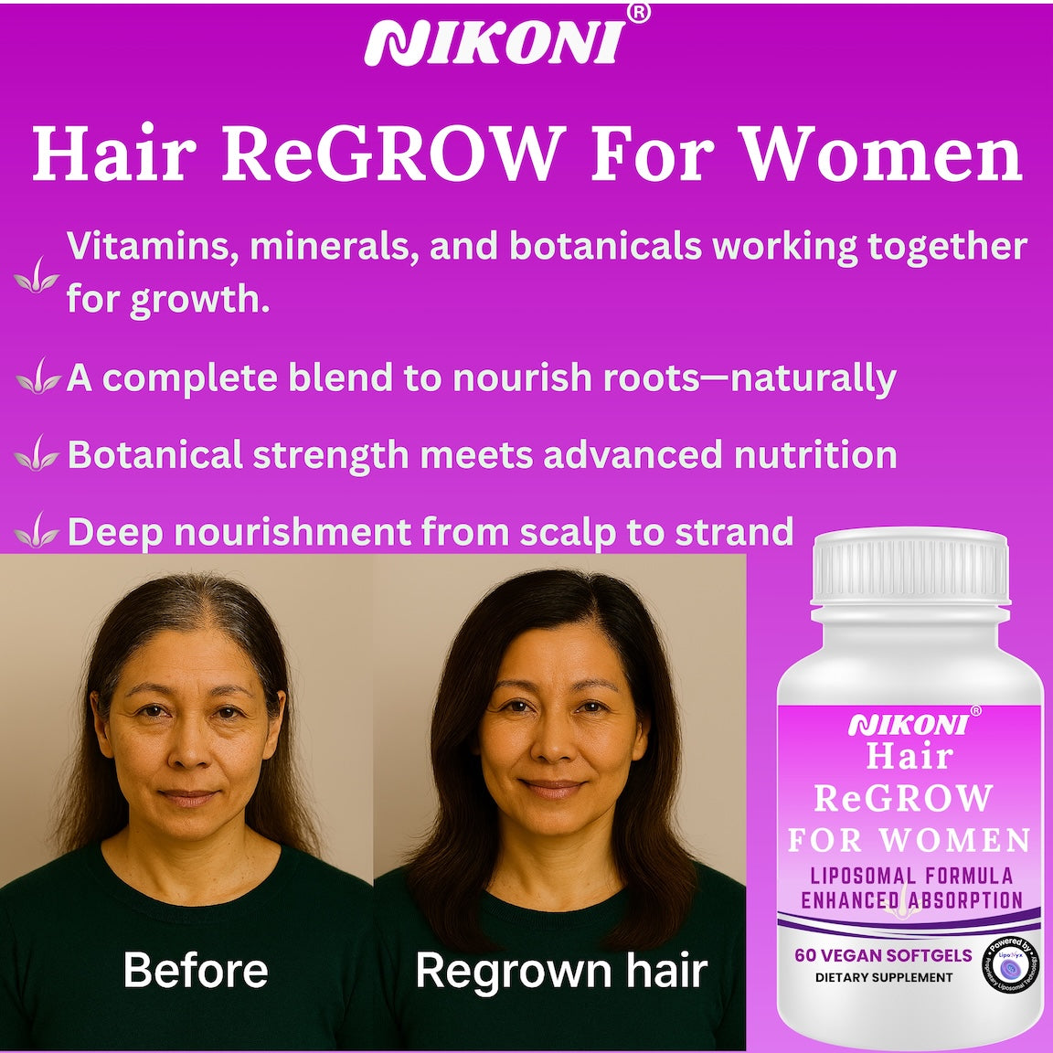 Nikoni Hair ReGROW Women's Liposomal Formula, Biotin, Keratin, Saw Palmetto and Botanical Essentials, Vegan, Gluten-Free, 60 Softgels