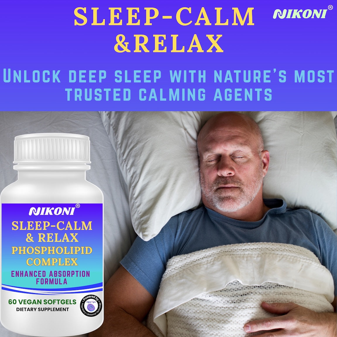 Nikoni Sleep‑Calm‑Relax – Phospholipid Complex with Melatonin, L‑Theanine, 5‑HTP & Herbal Extracts-60 Vegan Softgels
