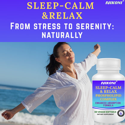 Nikoni Sleep‑Calm‑Relax – Phospholipid Complex with Melatonin, L‑Theanine, 5‑HTP & Herbal Extracts-60 Vegan Softgels