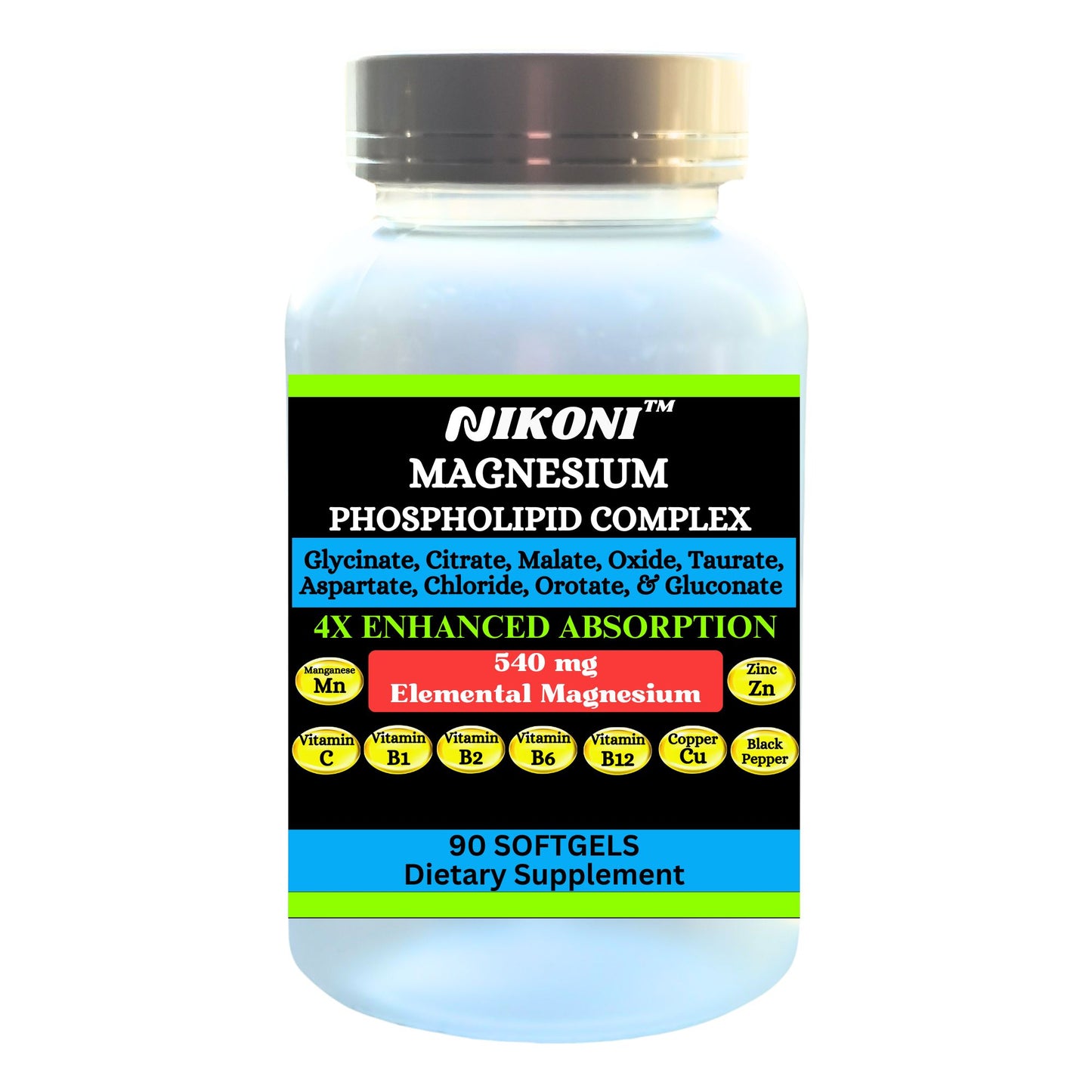 Nikoni Phospholipid Magnesium Complex 2500mg (9 Magnesium Salts, 5 Vitamins & 3 Minerals) Softgels