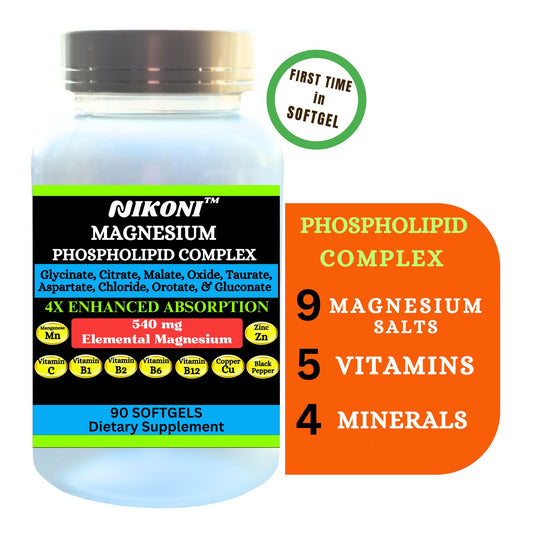 Nikoni Phospholipid Magnesium Complex 2500mg (9 Magnesium Salts, 5 Vitamins & 3 Minerals) Softgels