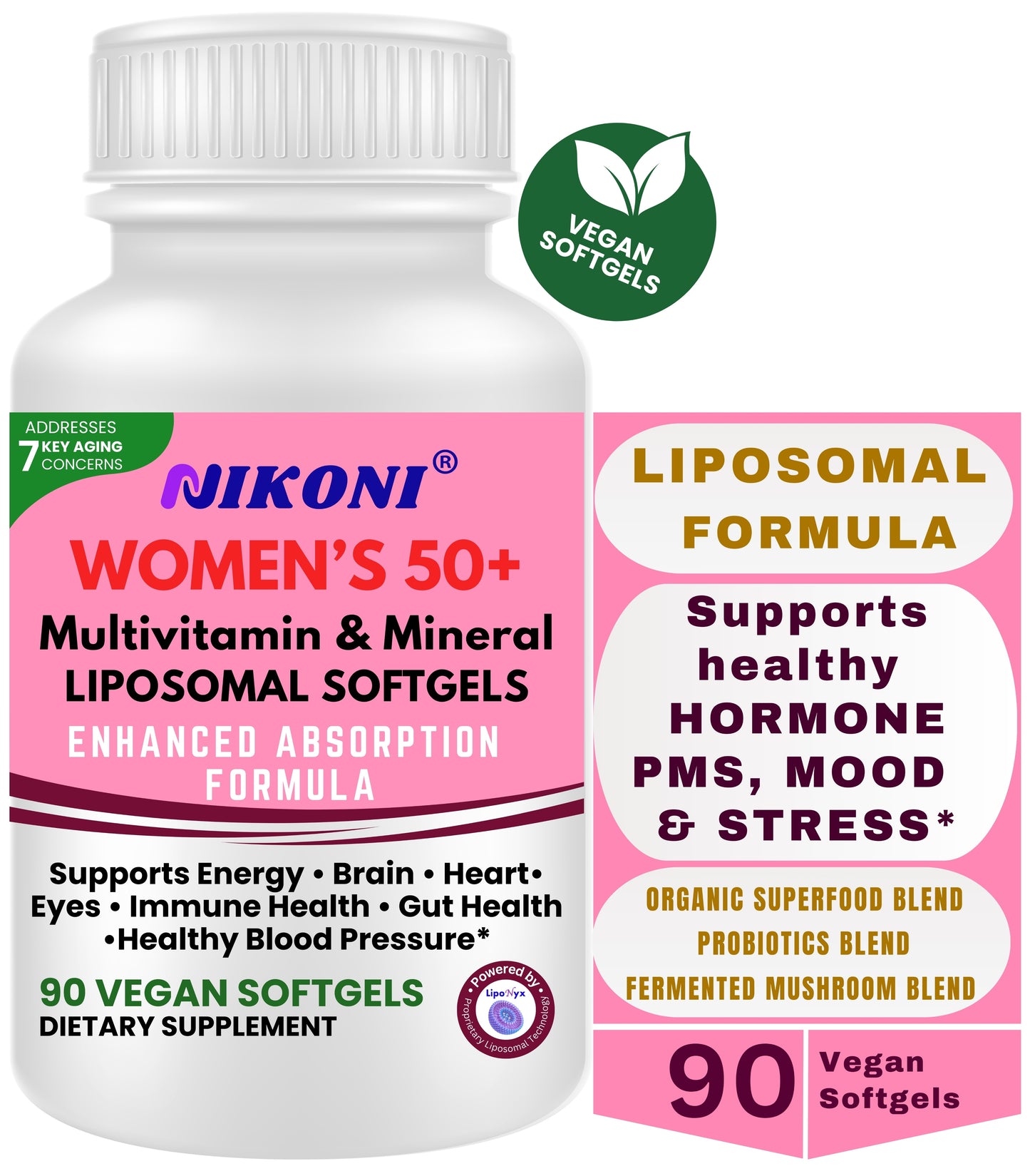 Nikoni Women's 50+ Multivitamin and Mineral Liposomal Vegan Softgels Enhanced Absorption Formula 90 Count
