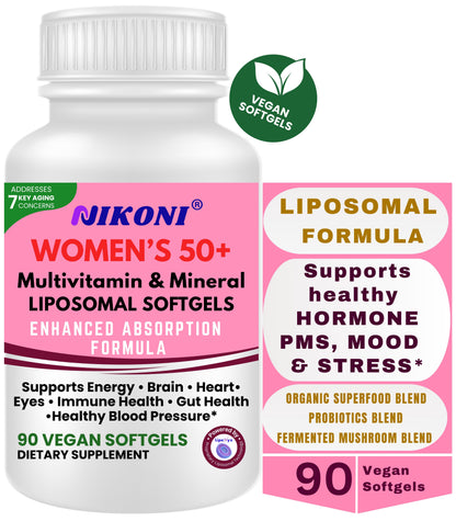 Nikoni Women's 50+ Multivitamin and Mineral Liposomal Vegan Softgels Enhanced Absorption Formula 90 Count