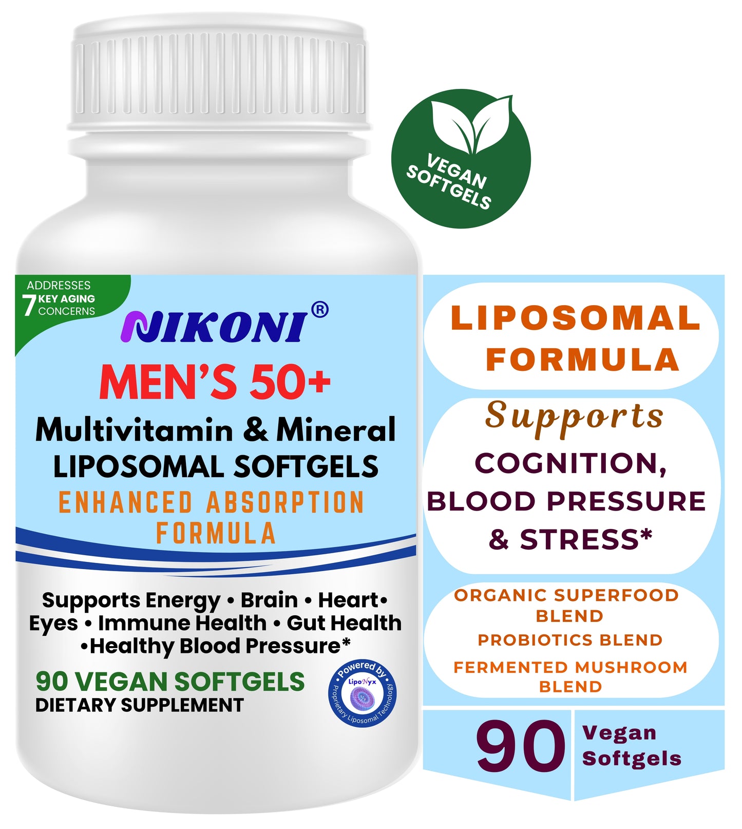Nikoni Men's 50+ Liposomal Multivitamin and Mineral Vegan Softgels for Enhanced Absorption 90 Count