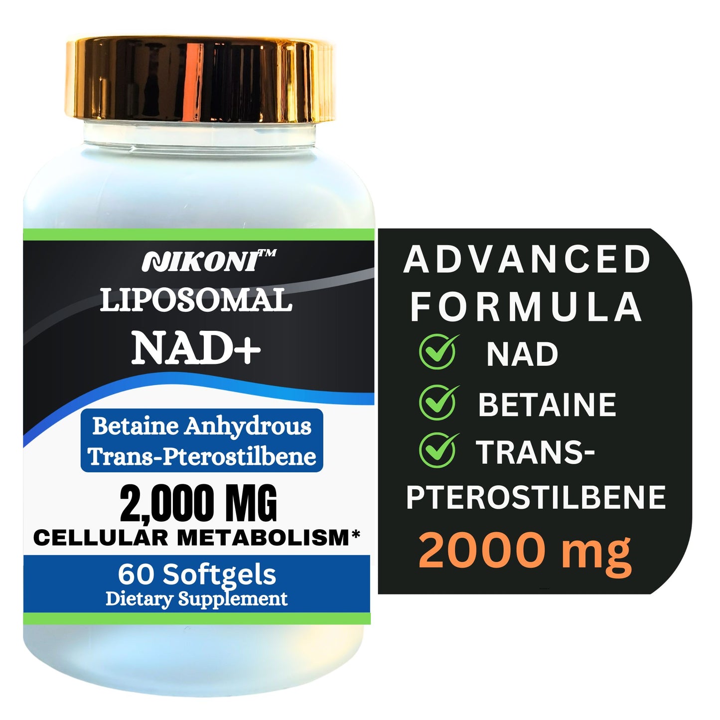Nikoni Liposomal NAD+ 2000 mg with TMG and Pterostilbene Softgels