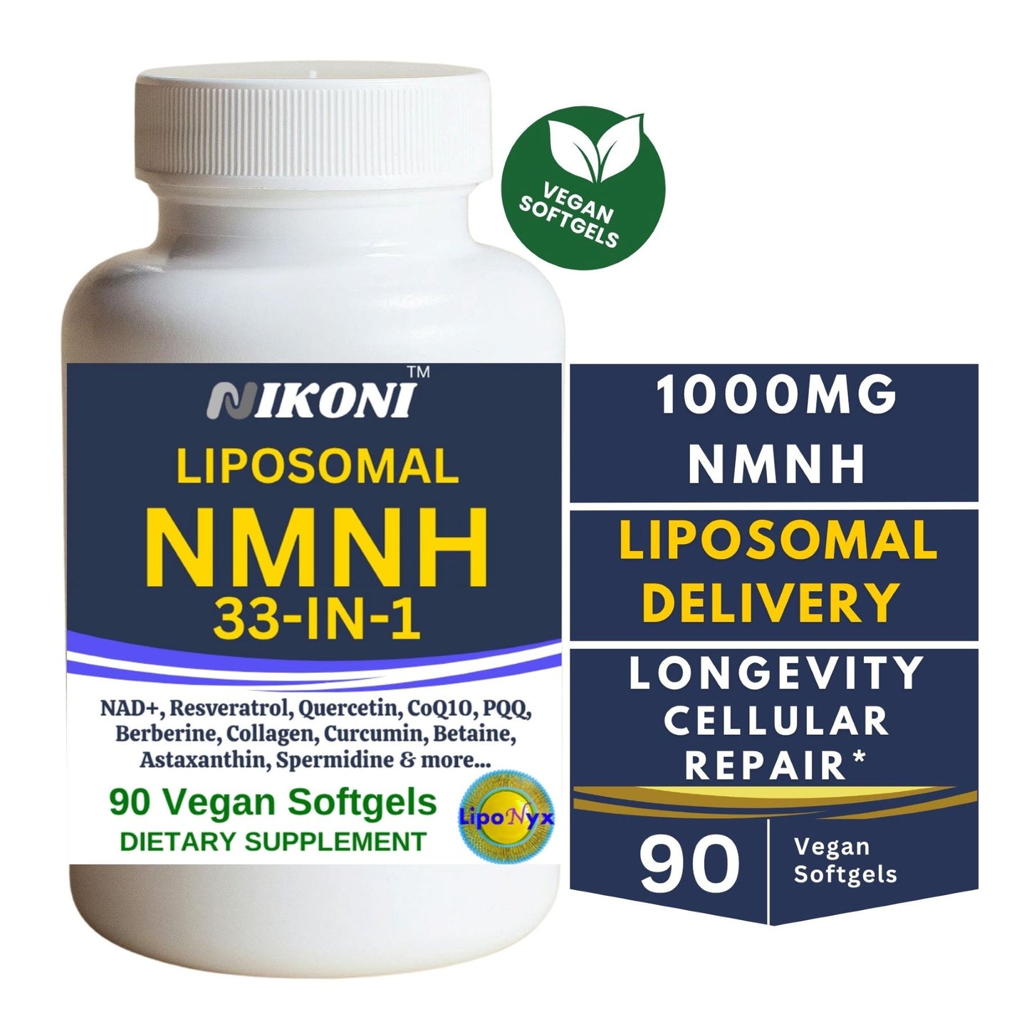 Nikoni Vegan Liposomal NMNH Softgels, 33-in-1 Formula with 1000mg NMNH per seving, NAD+ Support – Promotes Cellular Energy, Immune Health & Healthy Aging – 90 Vegan Softgels