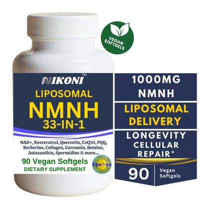 Nikoni Vegan Liposomal NMNH Softgels, 33-in-1 Formula with 1000mg NMNH per seving, NAD+ Support – Promotes Cellular Energy, Immune Health & Healthy Aging – 90 Vegan Softgels