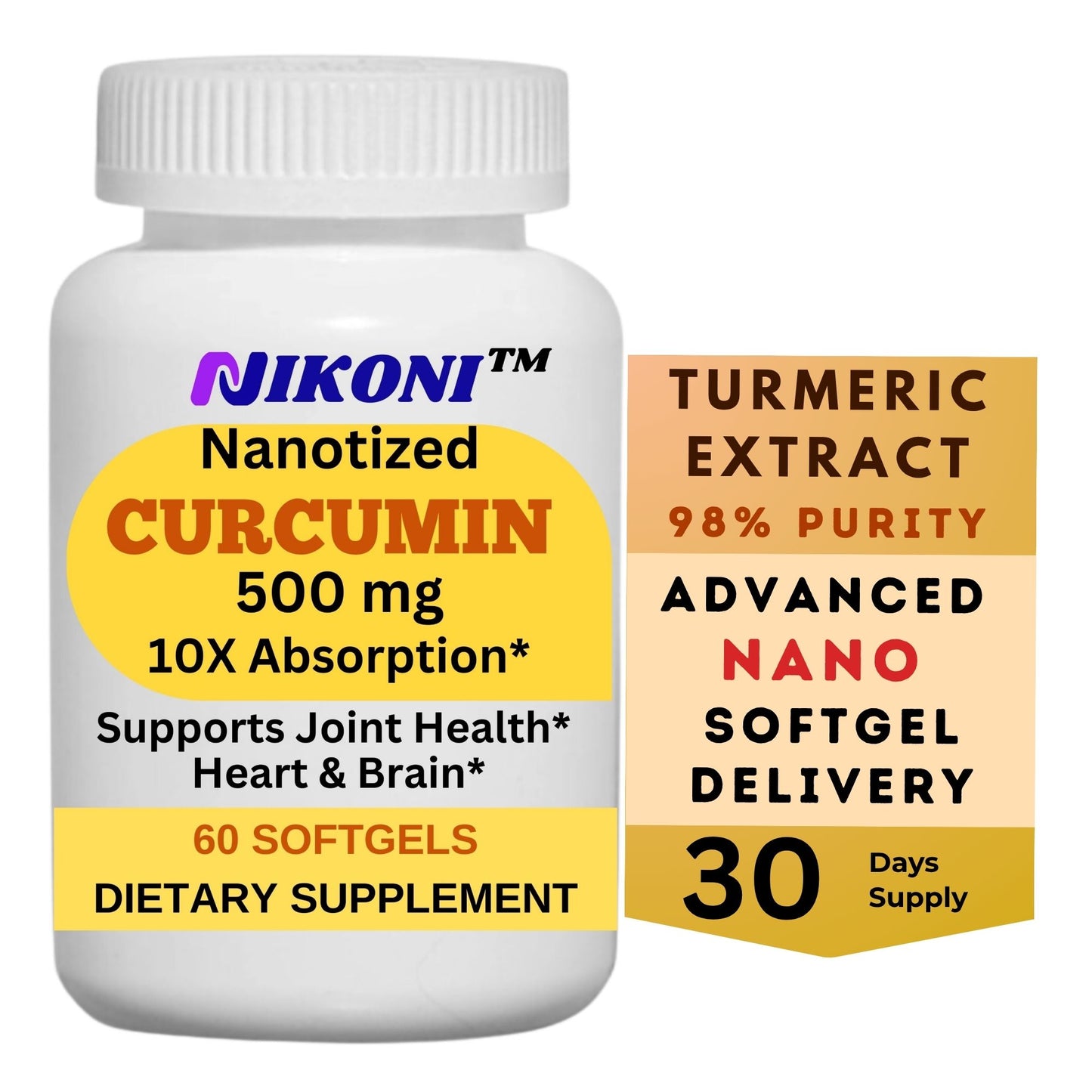 Nikoni Nanotized Curcumin Softgels, Supports Joint, Heart, & Immunity.