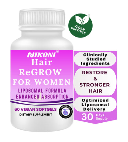Nikoni Hair ReGROW Women's Liposomal Formula, Biotin, Keratin, Saw Palmetto and Botanical Essentials, Vegan, Gluten-Free, 60 Softgels