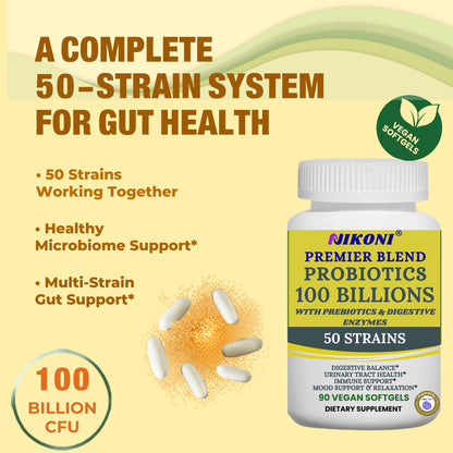 Nikoni Fermented Probiotics 100 Billion CFU, 50 Strains with Prebiotics & Digestive Enzymes, 90 Vegan Softgels