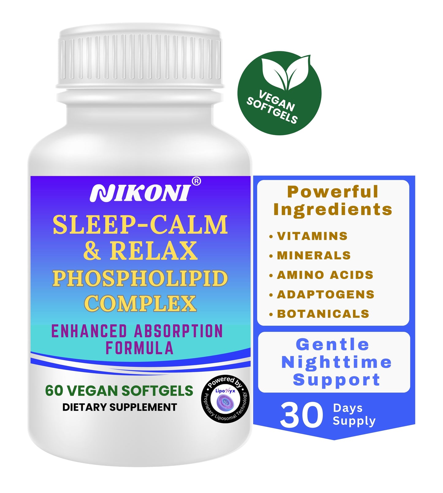 Nikoni Sleep‑Calm‑Relax – Phospholipid Complex with Melatonin, L‑Theanine, 5‑HTP & Herbal Extracts-60 Vegan Softgels