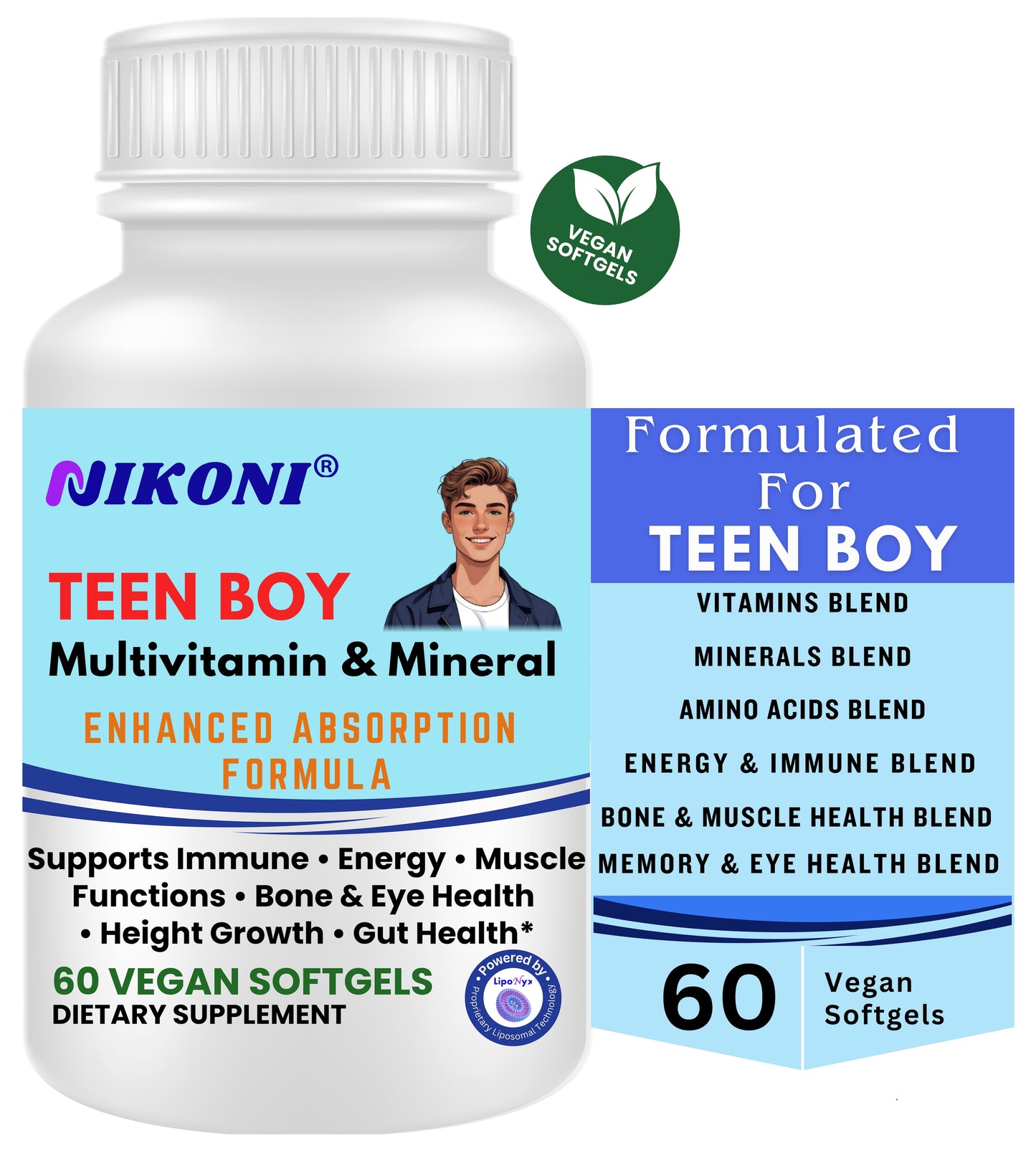 Nikoni® Teen Boy Multivitamin & Mineral – Enhanced Absorption Formula – 60 Vegan Softgels