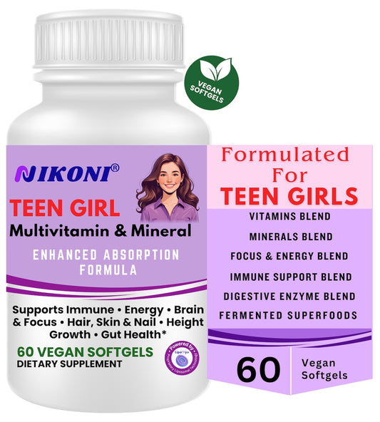 Nikoni® Teen Girl Multivitamin & Mineral -Enhanced Absorption Formula – 60 Vegan Softgels