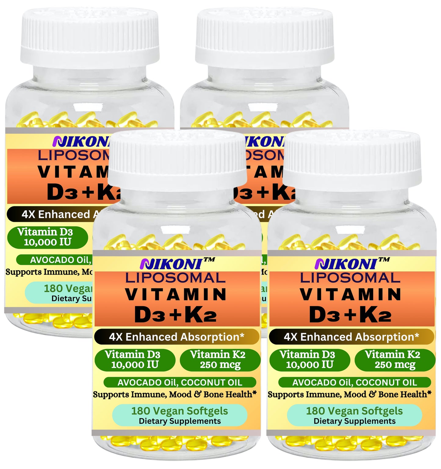 Nikoni Liposomal Vitamin D3 10000 IU, Vitamin K2 250 mcg, Vegan Softgels Supports  Bone Health