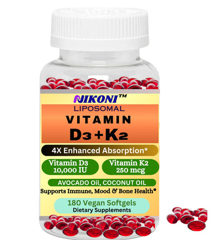 Nikoni Liposomal Vitamin D3 10000 IU, Vitamin K2 250 mcg, Vegan Softgels Supports  Bone Health