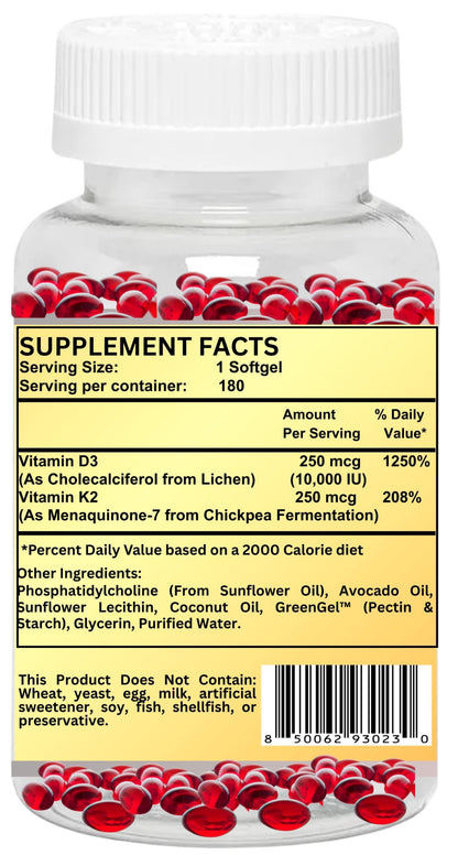 Nikoni Liposomal Vitamin D3 10000 IU, Vitamin K2 250 mcg, Vegan Softgels Supports  Bone Health