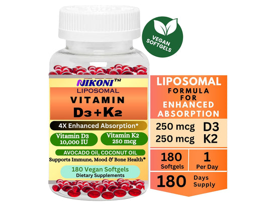 Nikoni Liposomal Vitamin D3 10000 IU, Vitamin K2 250 mcg, Vegan Softgels Supports  Bone Health