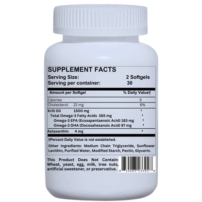 Nikoni Liposomal Antarctic Krill Oil 1500 mg, 4 mg Astaxanthin, Phospholipid Bound Omega 3, 60 Vegan Softgels