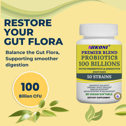 Nikoni Fermented Probiotics 100 Billion CFU, 50 Strains with Prebiotics & Digestive Enzymes, 90 Vegan Softgels